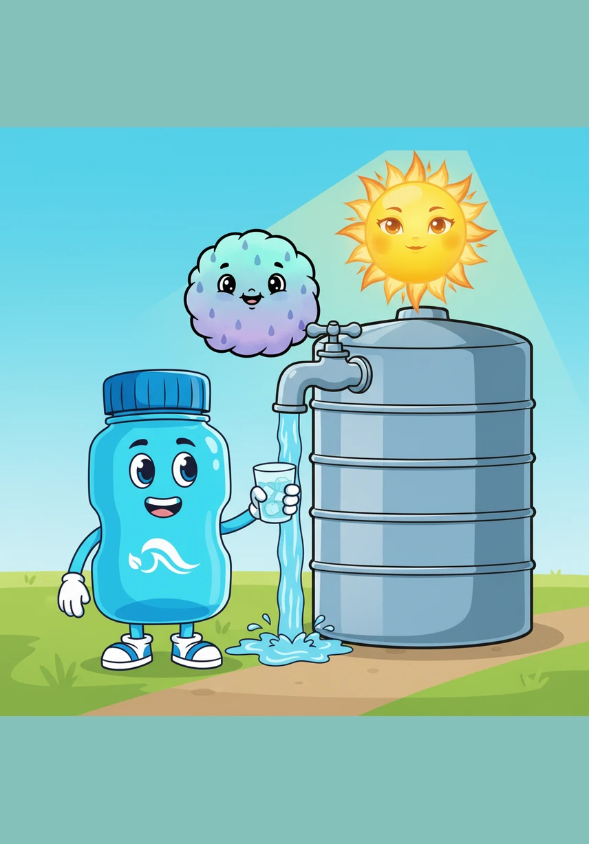 Akhirnya, Biru sampai di sebuah tandon air sekolah yang bersih dan sejuk di bawah naungan pohon yang rindang. Dengan bantuan seorang Penjaga Taman yang baik hati, Biru diisi hingga penuh dengan air yang jernih dan sangat menyegarkan. Perasaan dingin dan segar mengalir ke seluruh tubuh Biru, membuatnya berkilau kembali di bawah sinar matahari sore yang hangat.