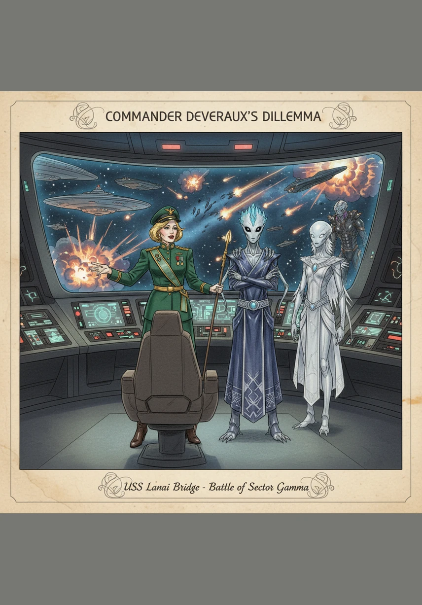 Commander Blanche Devereaux stands on the bridge of the USS Lanai, her red Starfleet uniform meticulously pressed and her hair perfectly coiffed. She gazes at the swirling nebula on the viewscreen, a confident smirk playing on her lips.