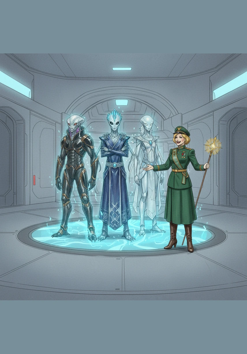 The transporter pad hums as three stern-faced Rigelian ambassadors materialize in a shimmer of blue light. Blanche greets them not with a stiff salute, but with a warm, welcoming smile that radiates Southern hospitality across the stars.
