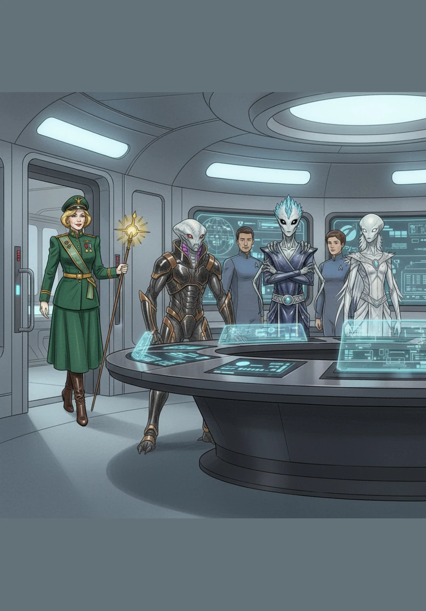 In the sleek, metallic briefing room, the air is thick with diplomatic tension and the hum of computer consoles. Blanche enters the room with a rhythmic stride, her presence immediately drawing every eye toward her.