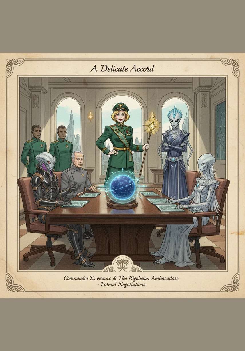 Approaching her seat at the head of the long obsidian table, Blanche performs her signature move. She gracefully lifts her leg and steps directly over the back of the chair, settling into her seat with a fluid, commanding motion.