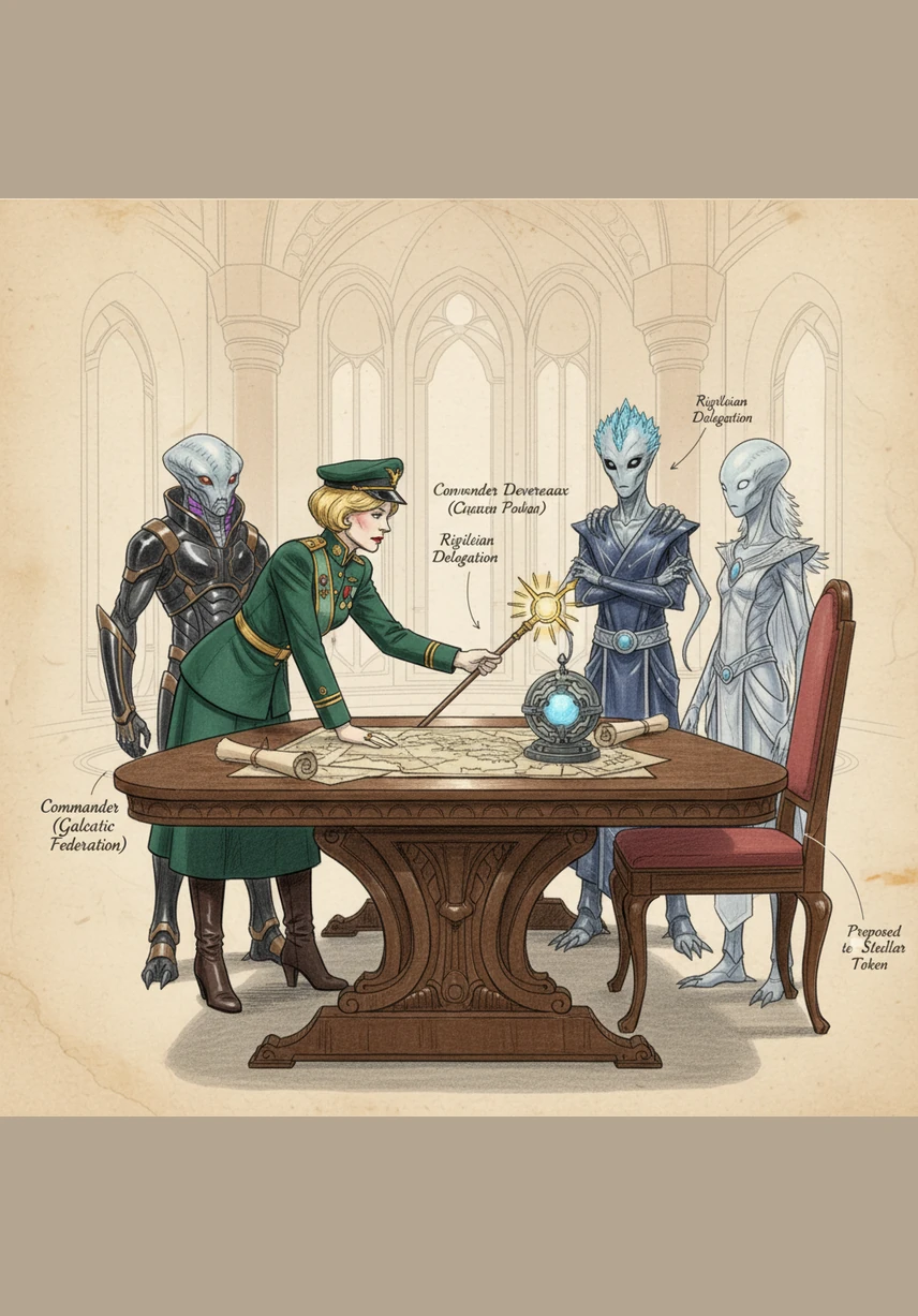 The ambassadors watch in stunned silence as Blanche leans forward, her eyes sparkling with intelligence and mischief. She begins to speak, her melodic voice turning complex treaty negotiations into a pleasant afternoon conversation.