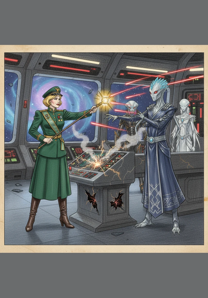 When a console sparks and the red alert klaxon briefly blares, Blanche remains completely unfazed. She makes a quick joke about the ship’s passionate personality, causing even the stoic Rigelians to crack a rare smile.