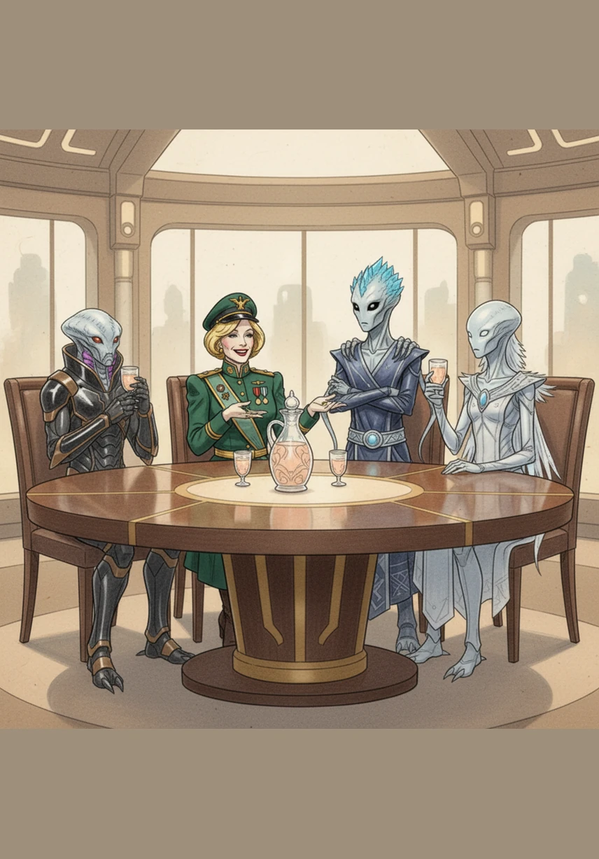 Blanche invites the visitors to share a carafe of simulated peach nectar, insisting that no great agreement was ever reached on an empty stomach. The aliens hesitate before taking a sip, captivated by her effortless charm and warmth.