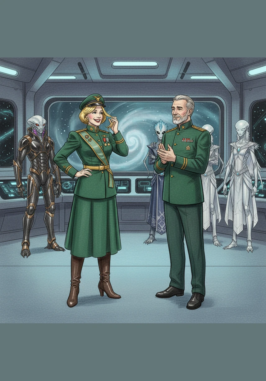 Back on the bridge, the Captain commends Blanche for her unique approach to interstellar relations. She simply brushes a stray hair from her shoulder and remarks that a little bit of sass is the best defense in the quadrant.