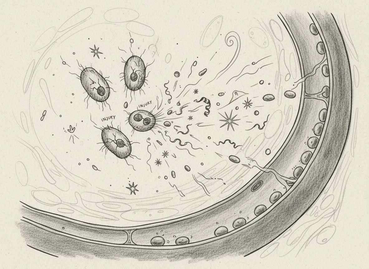 The injured cells immediately cry out for help, releasing a flurry of chemical signals and proteins into the surrounding space. These invisible messengers race through the tissue to alert the vessel’s internal defenses.
