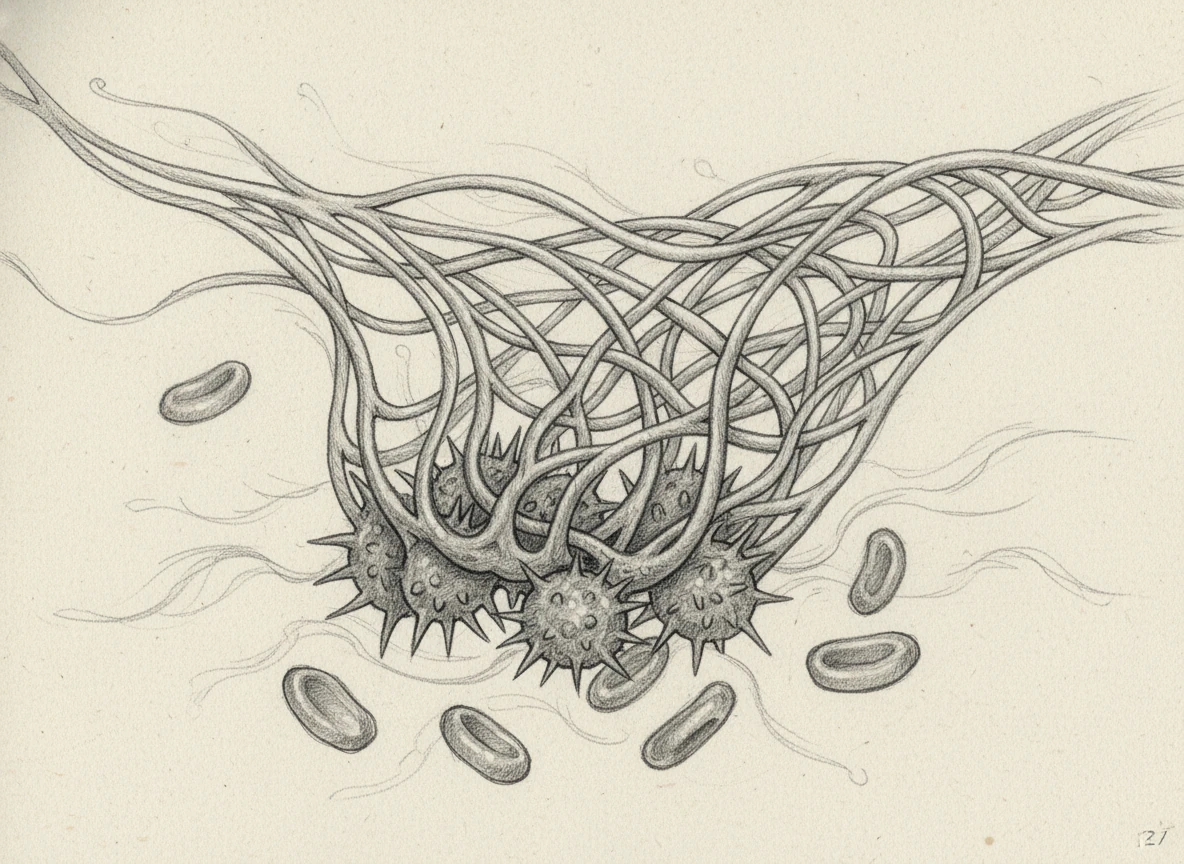 High above the plug, a complex cascade of proteins begins to weave a shimmering net of fibrin threads. These strong, fibrous ropes crisscross over the platelets and red blood cells, binding them into a permanent structure.