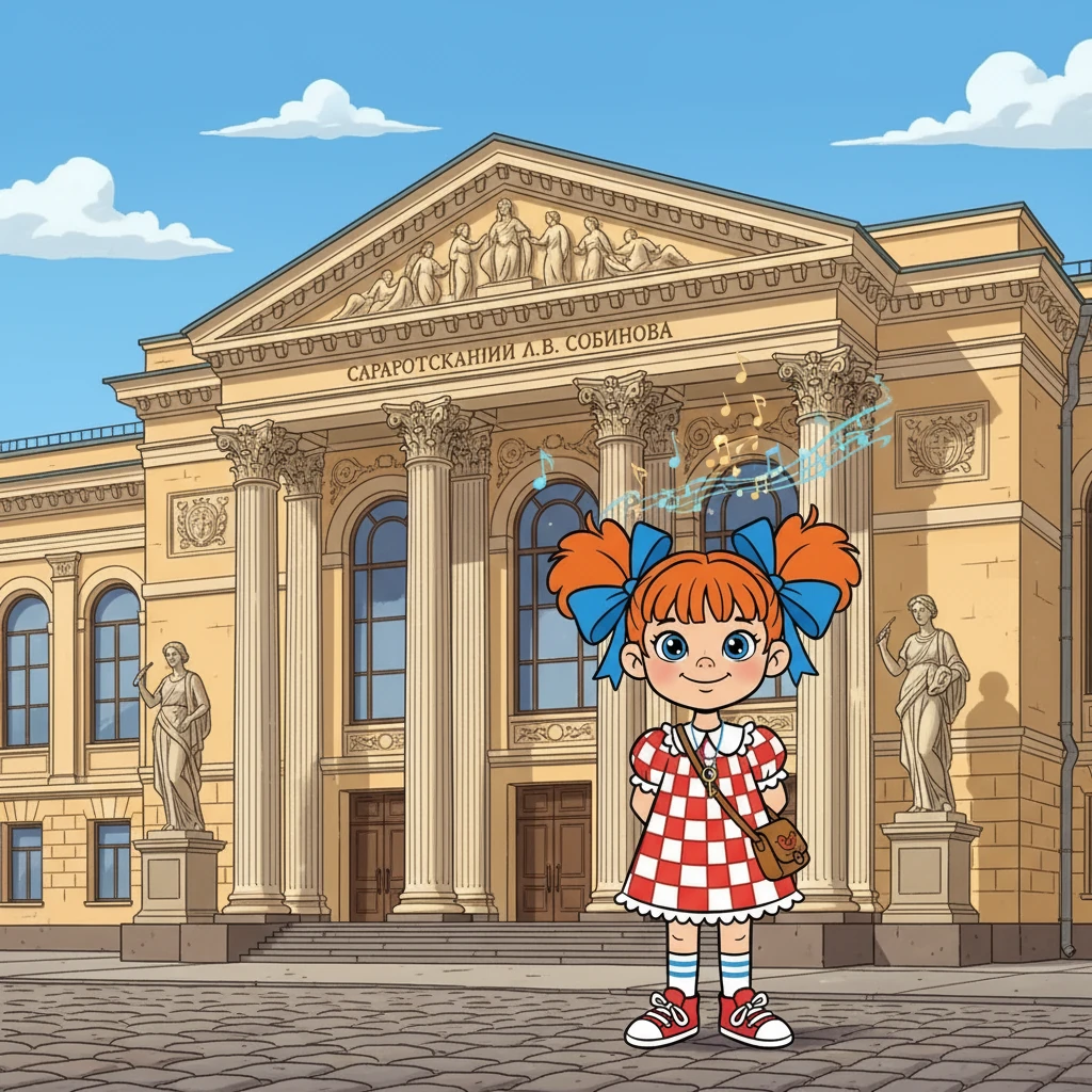 Первым делом Алиса отправилась к Саратовской государственной консерватории имени Л.В. Собинова. Здание было величественным, с колоннами и красивыми статуями. Алиса представила, как здесь звучит музыка, заполняя все вокруг.