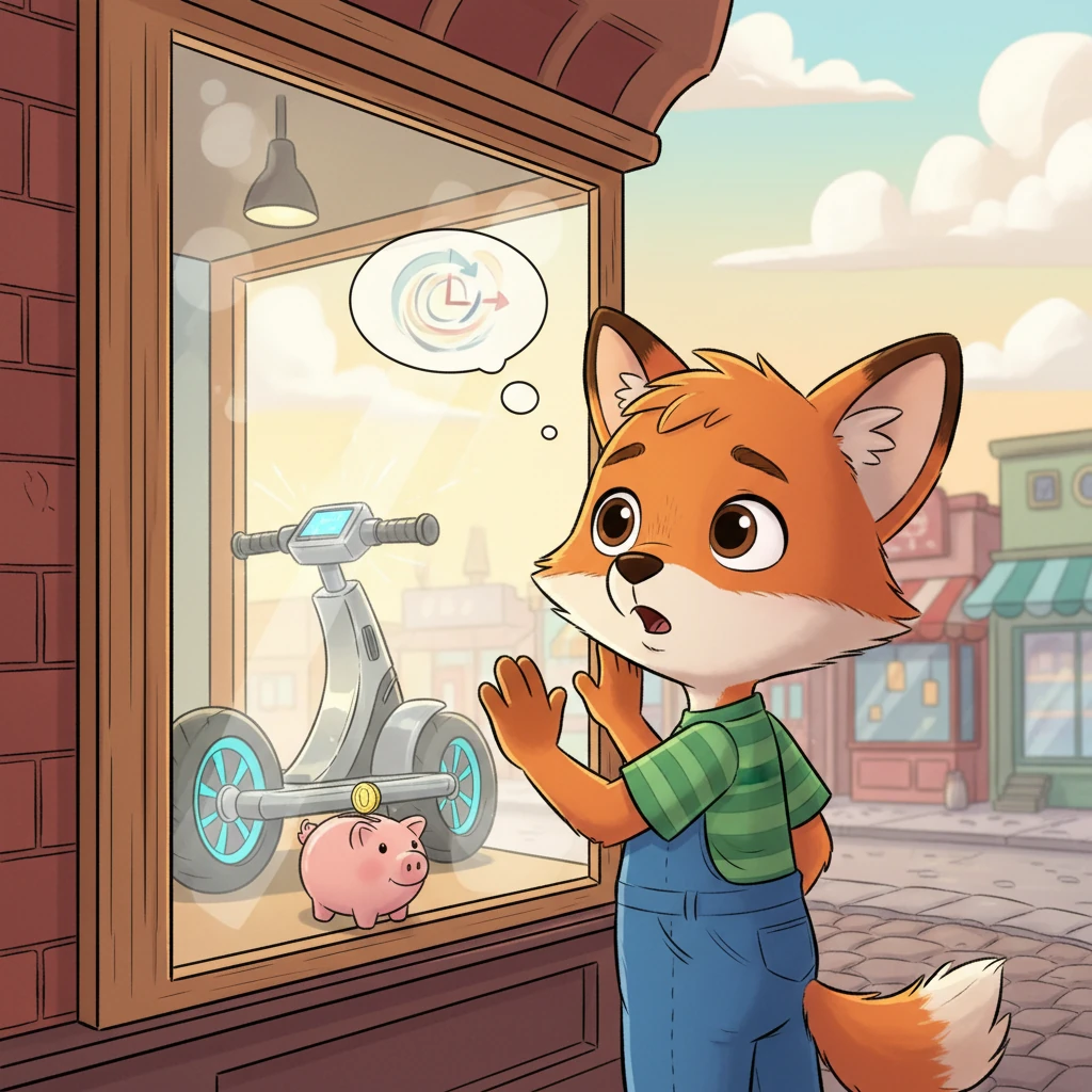 Finley the fox dreams of a marvelous, shiny Super-Scooter displayed in a shop window, but his piggy bank is looking a bit light. He sighs, wishing he could fast-forward time to when he has enough coins to buy it.