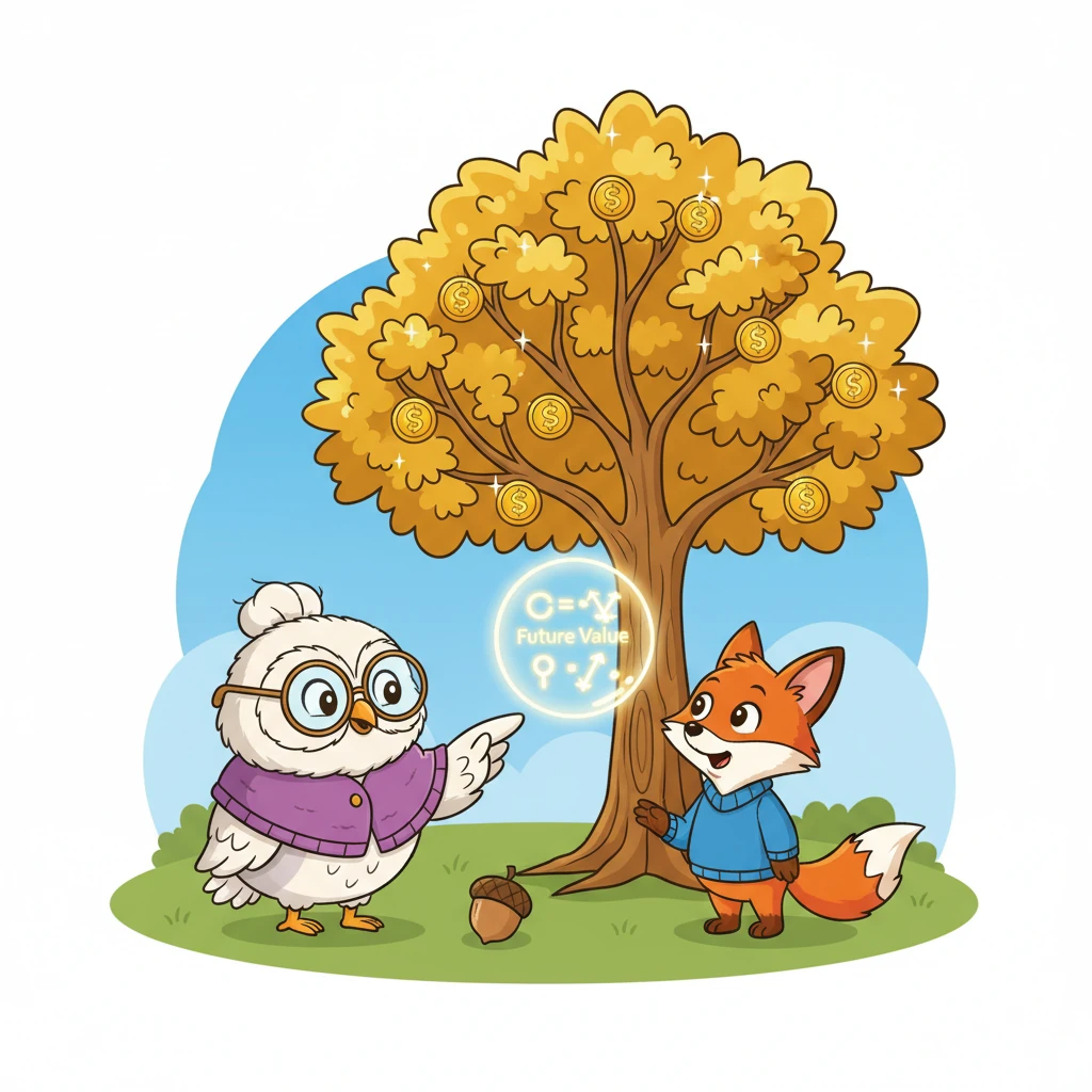 Grandma Hoot, a wise old owl with spectacles perched on her nose, sees Finley's dilemma. She explains that money can grow over time, like a little acorn becoming a mighty oak. This is called Future Value – what his money will be worth later.