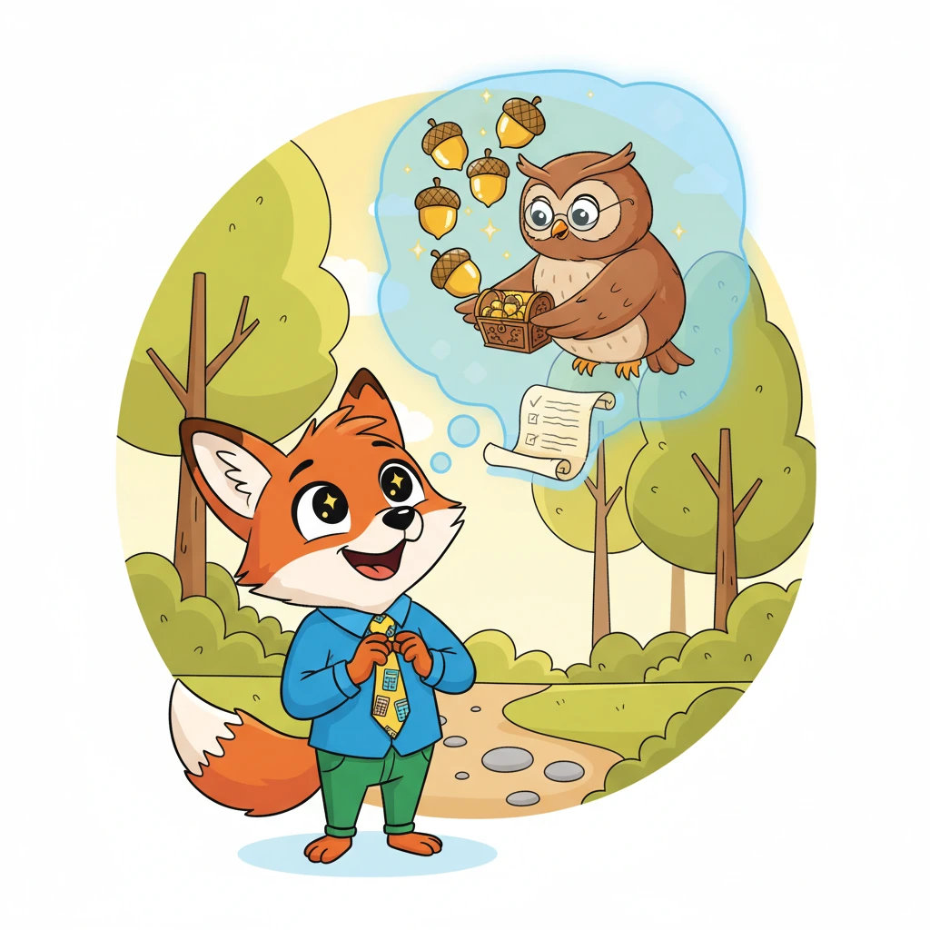 Finley imagines Grandma Hoot promising him 10 shiny acorns next year as a reward for his good deeds. His eyes sparkle with the thought of his future fortune, already planning how to spend them.