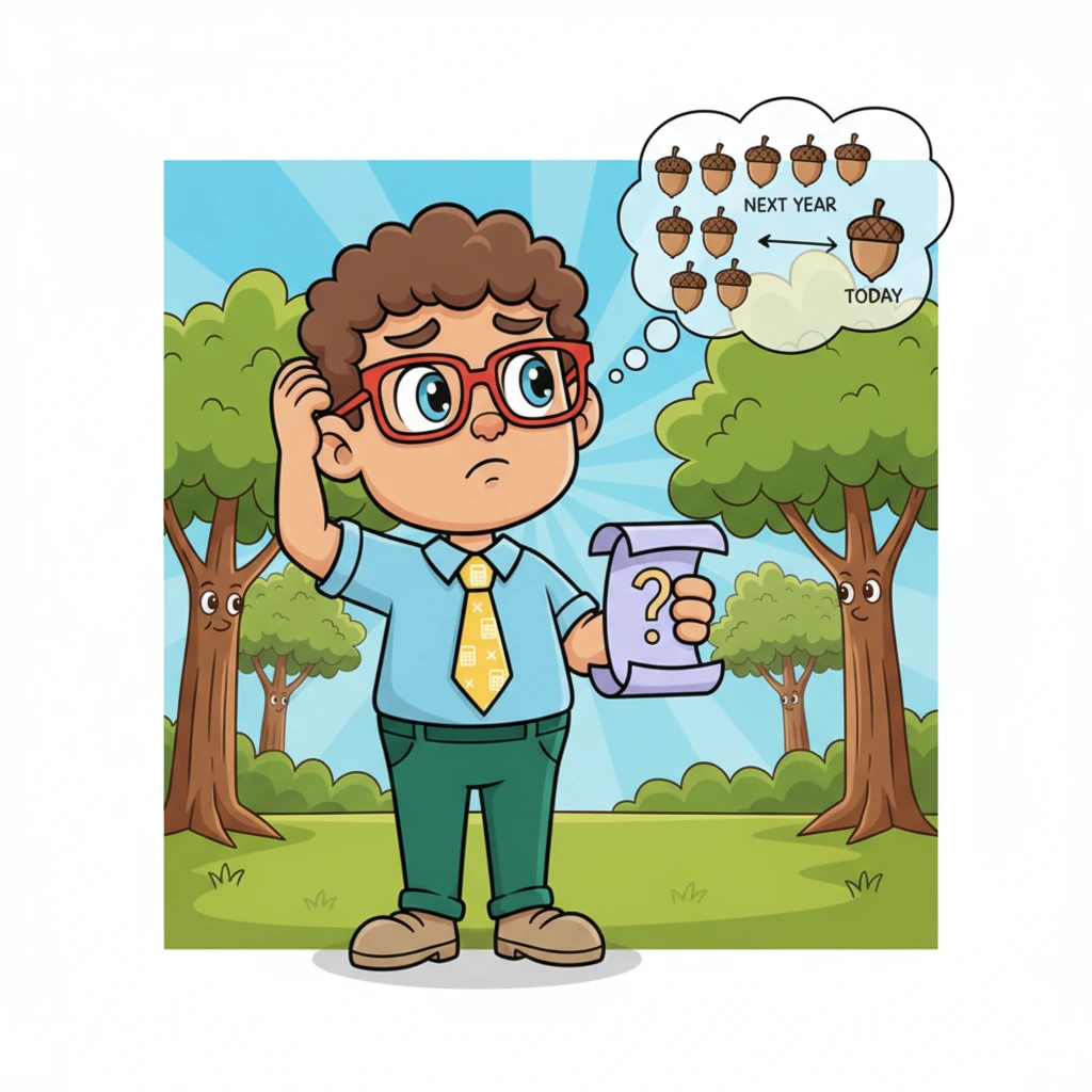 Suddenly, a curious thought pops into Finley’s head: "But Grandma, if you promised me 10 acorns next year, how many acorns is that worth right now, today?" He scratches his head, genuinely puzzled by the time difference.