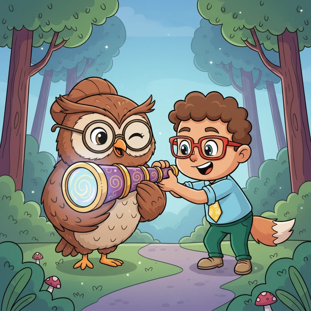 Grandma Hoot winks, her feathers rustling gently. "Ah, Finley, that's where we use our 'Time-Reverse Telescope'!" She pulls out a whimsical, swirly telescope that glows softly, inviting Finley to peek through.
