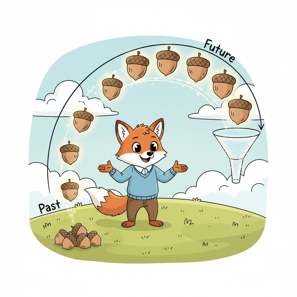 She explains that to find the Present Value, we take that future amount and 'un-grow' it. Imagine those 10 future acorns shrinking back to what they were before they started growing with interest, going backward in time.