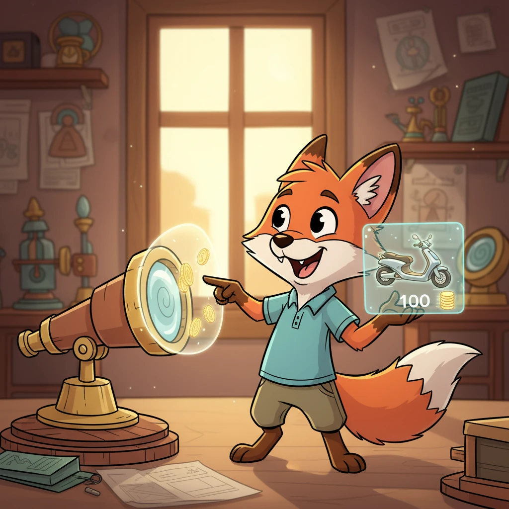 Finley gasps, his tail wagging furiously with excitement. "So, if my Super-Scooter costs 100 shiny coins next year, I can figure out how many coins I need today to reach that goal, using our Time-Reverse Telescope!" He beams with understanding.