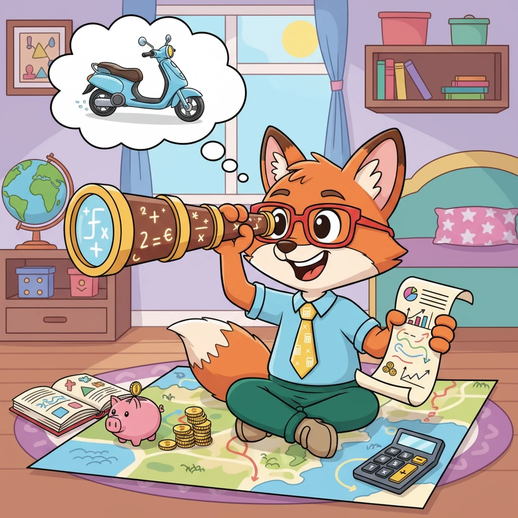 With a big grin, Finley starts drawing his own financial plan, using the 'Time-Reverse Telescope' idea to calculate how much he needs to save now for his future Super-Scooter. He feels like a true financial wizard, ready for any future goal!