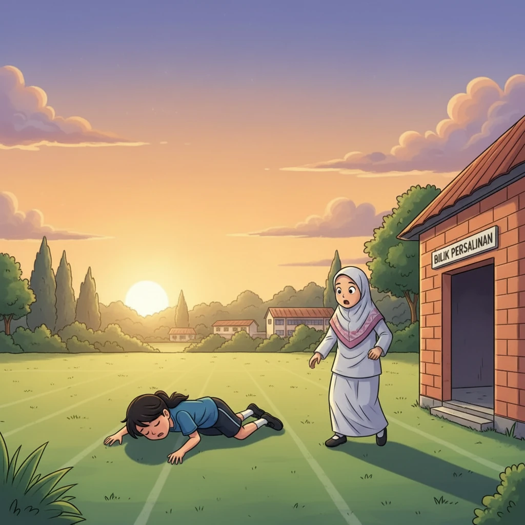 Tiba-tiba, Sofia terhenti, tubuhnya terhuyung-hayang sebelum rebah ke atas rumput. Aisyah terkejut, matanya membulat melihat kawannya itu. Segera, Aisyah berlari ke arah Sofia, fikirannya ligat memikirkan apa yang mereka pelajari.