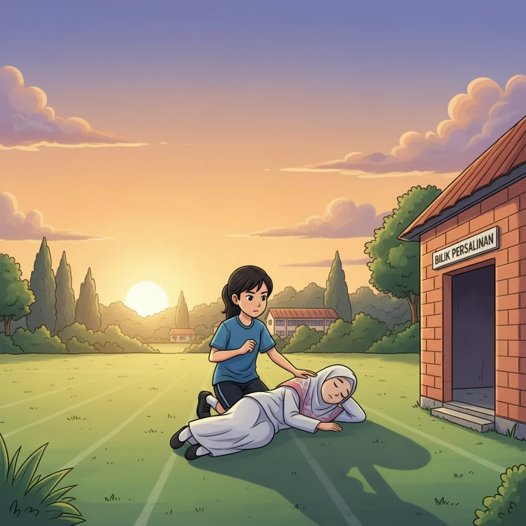 Aisyah melutut di sebelah Sofia, wajahnya menunjukkan riak serius. “Sofia, awak okey tak?” Aisyah menepuk bahu Sofia dengan perlahan, tetapi tiada respons. Hati Aisyah berdebar kencang, menyedari betapa gentingnya situasi ini.