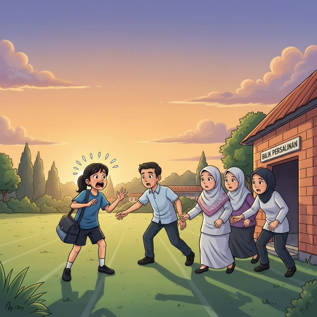 Aisyah menjerit meminta pertolongan, suaranya lantang memecah kesunyian. Beberapa orang guru yang berada di sekitar kawasan itu datang membantu, termasuk Cikgu Halimah. Aisyah menjelaskan situasi dengan cemas.