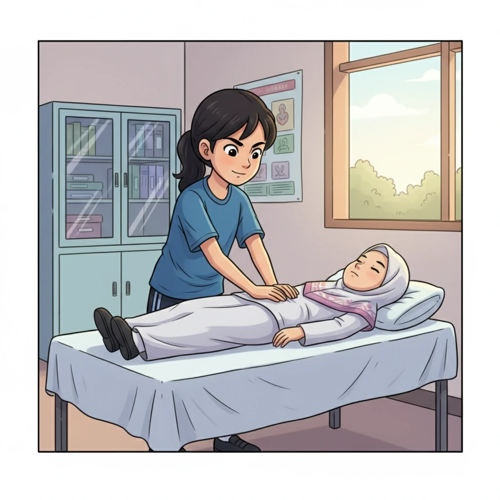 Dengan penuh keyakinan, Aisyah mula melakukan tekanan dada. Dia tahu setiap tekanan yang dia berikan boleh menyelamatkan nyawa Sofia. Aisyah memastikan dia melakukannya dengan betul, seperti yang telah diajar.