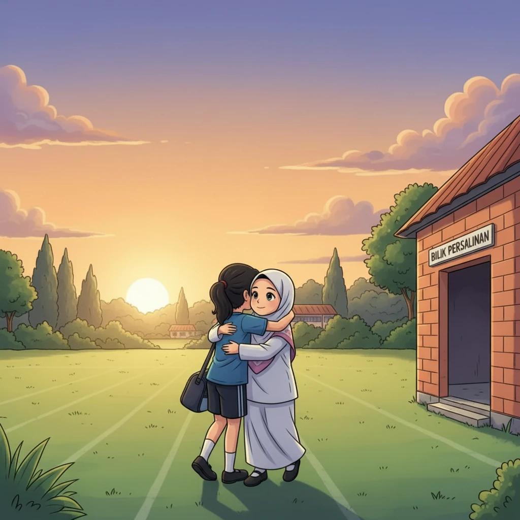 Beberapa hari kemudian, Sofia datang ke sekolah. Dia memeluk Aisyah dengan erat. Aisyah hanya tersenyum, hatinya tenang kerana telah memberikan yang terbaik dalam situasi kritikal.