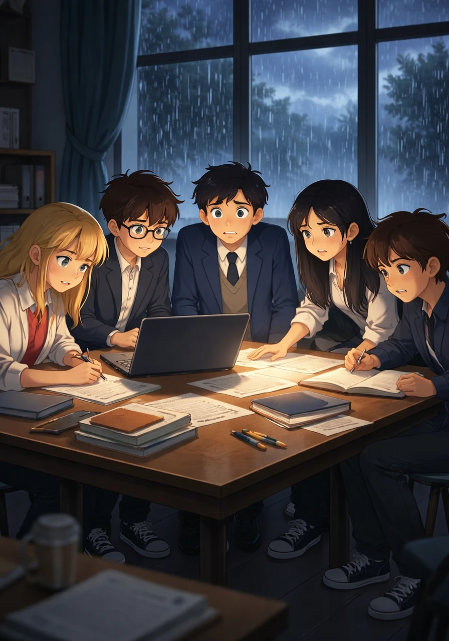 Leo and his classmates huddle around a large desk, their faces illuminated by the soft glow of laptop screens as heavy rain drums relentlessly against the tall classroom windows. The room is filled with the smell of old paper and the quiet scratching of pencils as they race to finish their group project before the storm gets worse.