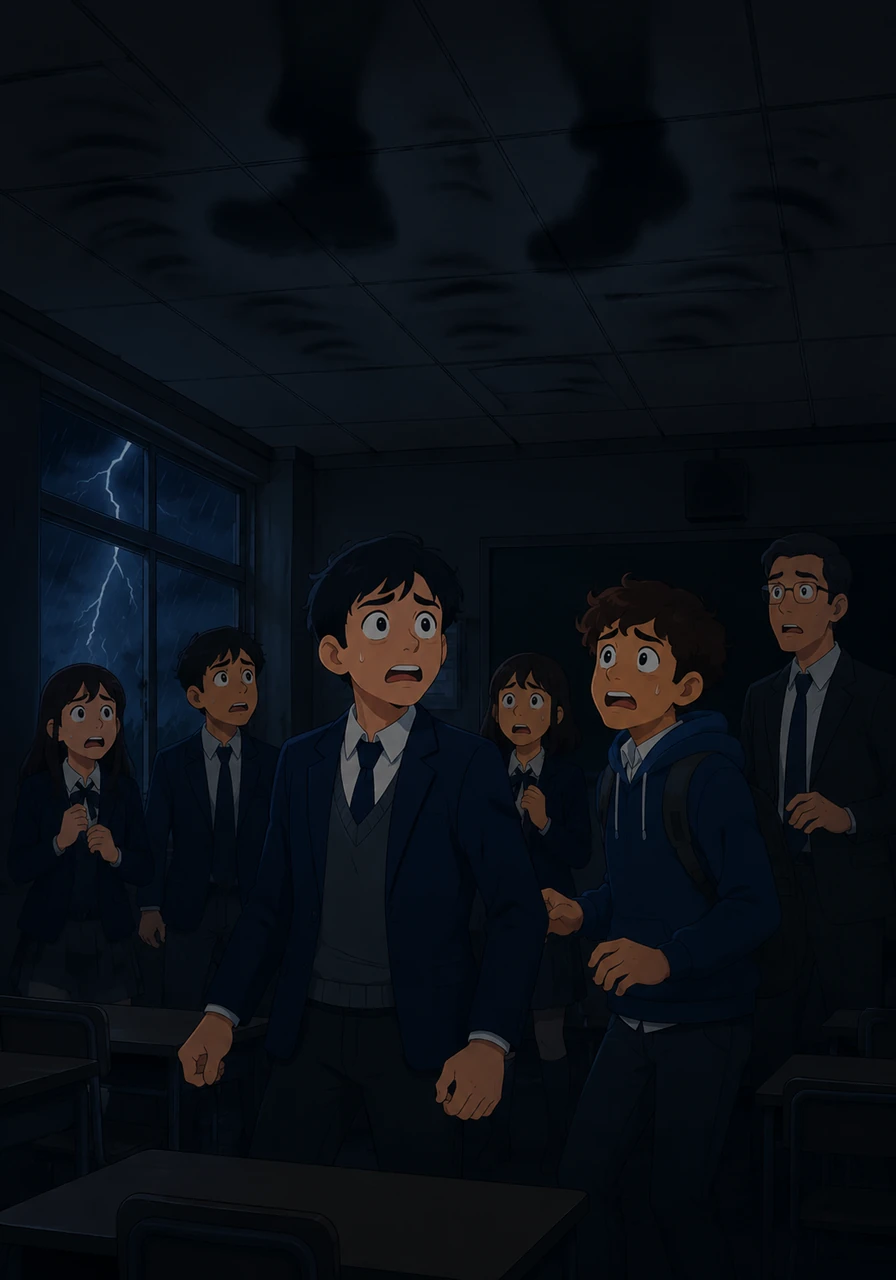 A sudden crack of thunder shakes the building, and the lights flicker once before plunging the entire school into an eerie, suffocating darkness. In the silence that follows, the heavy, rhythmic thud of footsteps begins to echo from the empty classroom directly above them, vibrating through the ceiling tiles.