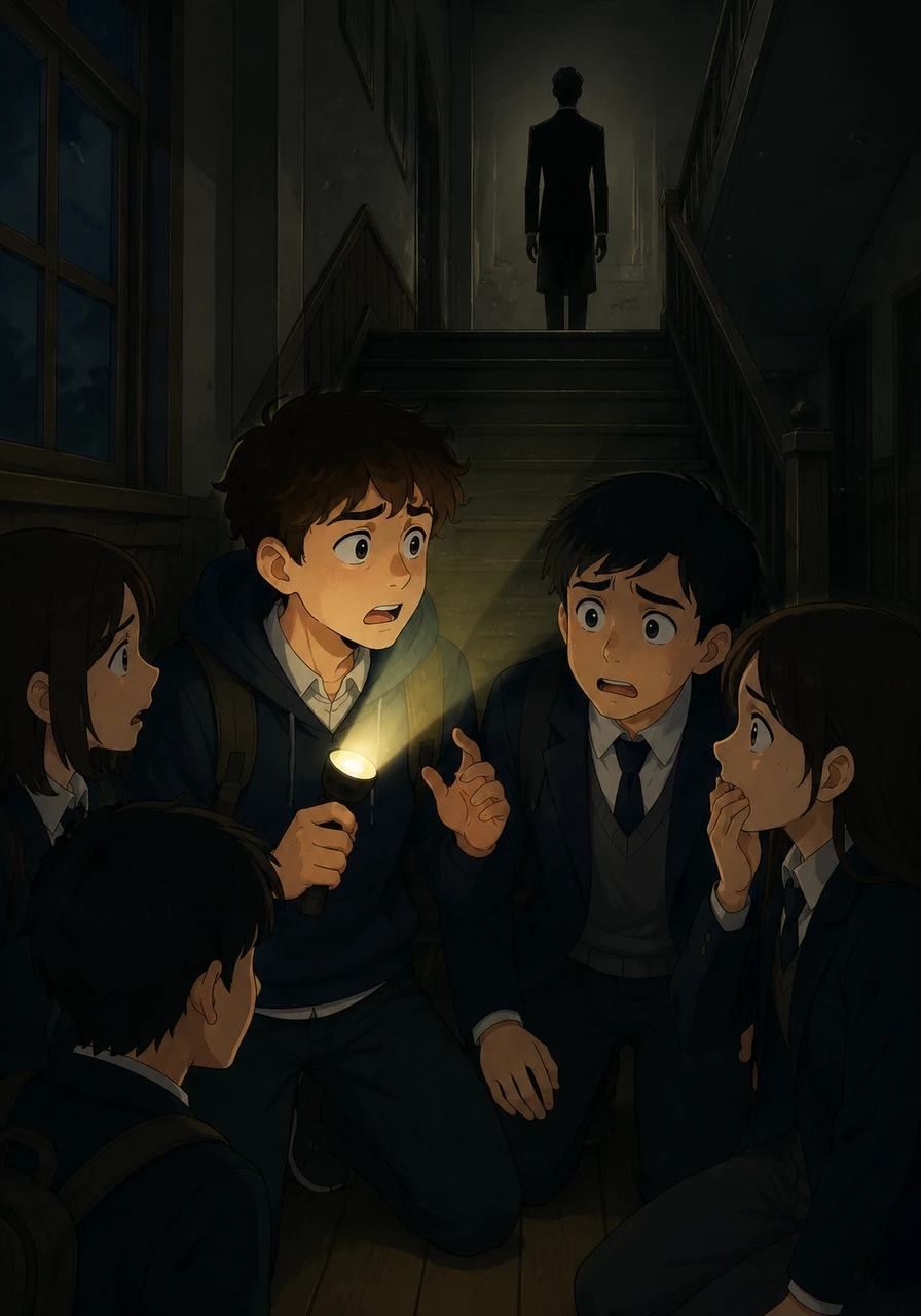 Clutching a flickering flashlight, Leo whispers the chilling legend of a teacher who disappeared in the upstairs hallway many years ago, never to be seen again. The beam of light cuts through the dust motes, revealing the anxious faces of his friends as the mysterious footsteps grow louder and closer.