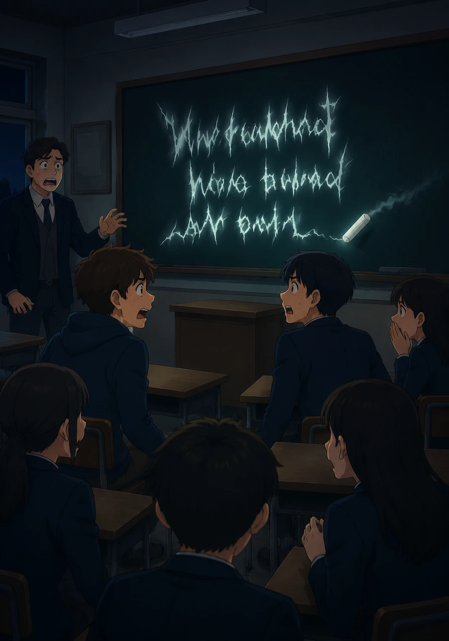 Back inside their classroom, the students freeze as a piece of chalk begins to move across the blackboard on its own, screeching against the slate. They watch in horror as the words “You should not have stayed after dark” appear in jagged, glowing letters, warning them that they are no longer alone.