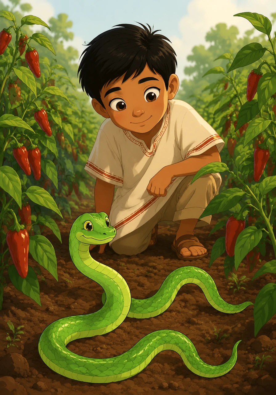 De repente, entre las plantas de chipotle, Tlanesi escucha un suave siseo y ve una brillante serpiente verde que se desliza sin hacer ruido. El niño observa con asombro cómo el reptil repta sobre la tierra templada, moviendo su cuerpo en curvas perfectas como las olas del mar.