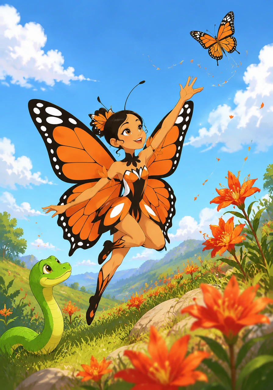 Al mirar hacia el cielo azul, una hermosa mariposa de alas anaranjadas revolotea cerca de unas flores de tlascal. Tlanesi se pone de pie de un salto y la sigue con la mirada mientras ella vuela de forma ligera, subiendo y bajando con la suave brisa del viento.