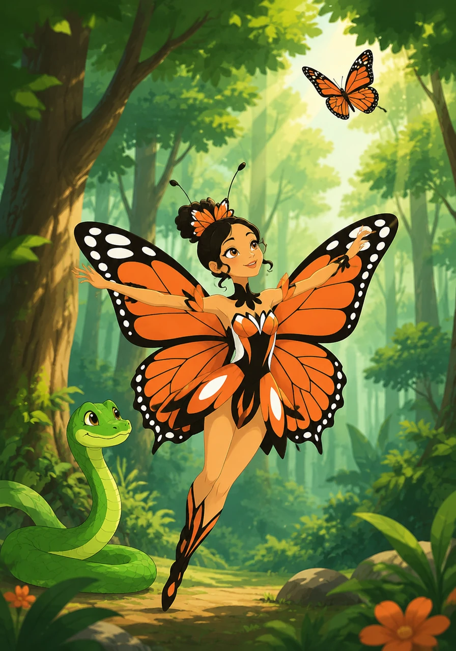 La mariposa bate sus alas con gracia, demostrando que volar es su maravillosa forma de explorar el gran bosque. Tlanesi extiende sus propios brazos simulando unas alas, sintiendo la hermosa libertad de los animales del aire.