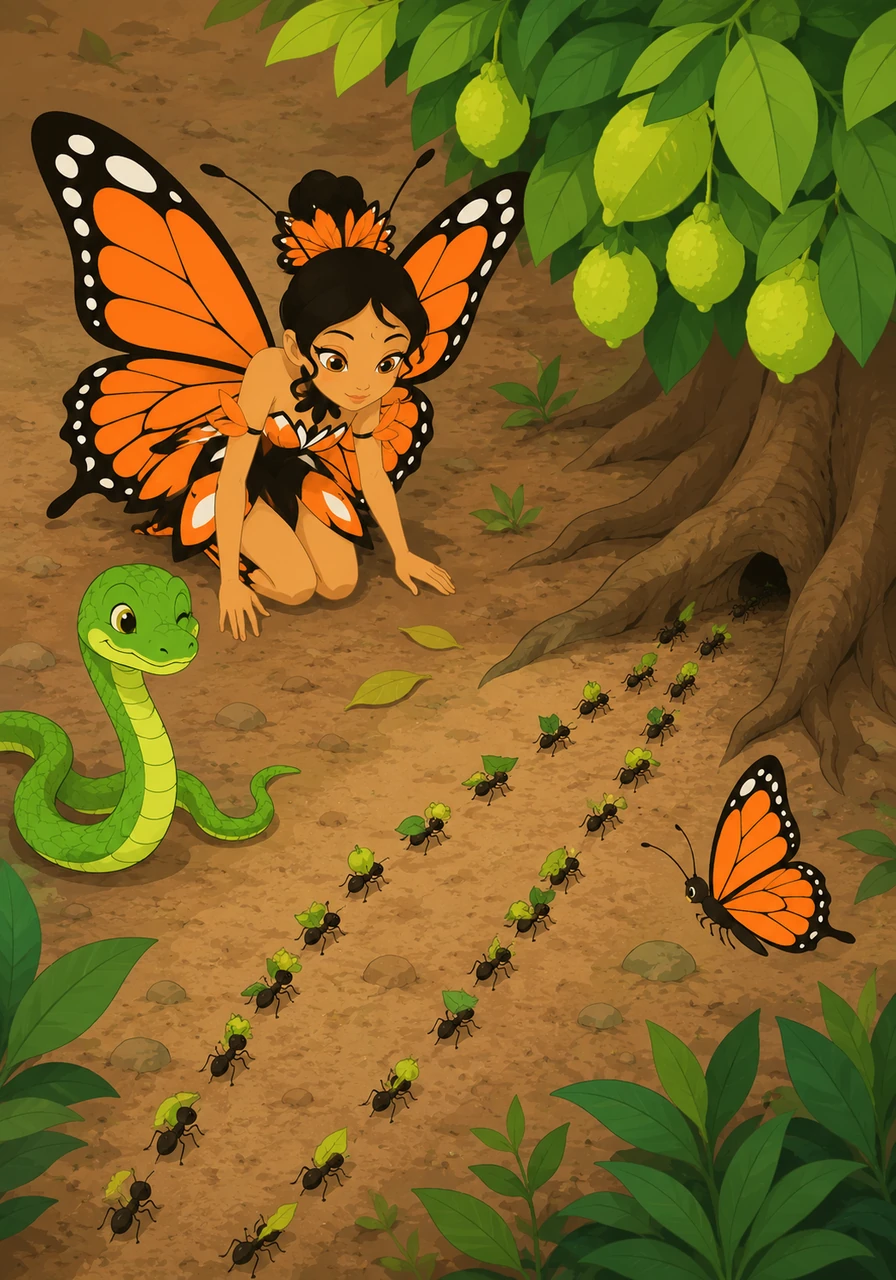 Cerca de un árbol de tila, Tlanesi mira hacia el suelo y descubre un camino muy ordenado de pequeñas hormigas negras. Cada una de ellas camina con paso firme y veloz, transportando hojitas y comida hacia su misterioso hormiguero subterráneo.