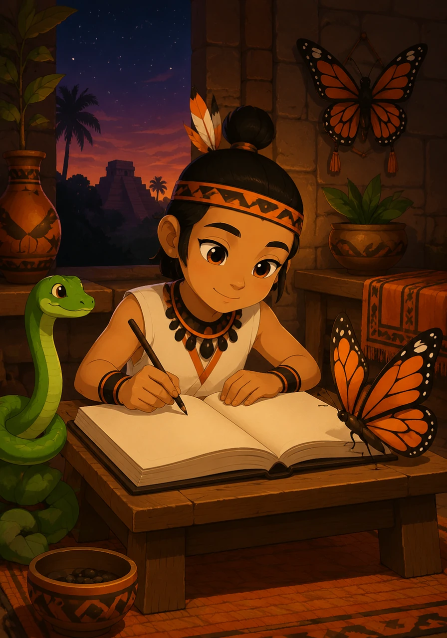 Al caer la tarde, Tlanesi regresa a su casa con el corazón lleno de alegría y nuevos conocimientos sobre el desplazamiento animal. Bajo las primeras estrellas, el niño escribe en su cuaderno de tlatoani todo lo aprendido sobre reptar, volar, nadar y caminar.