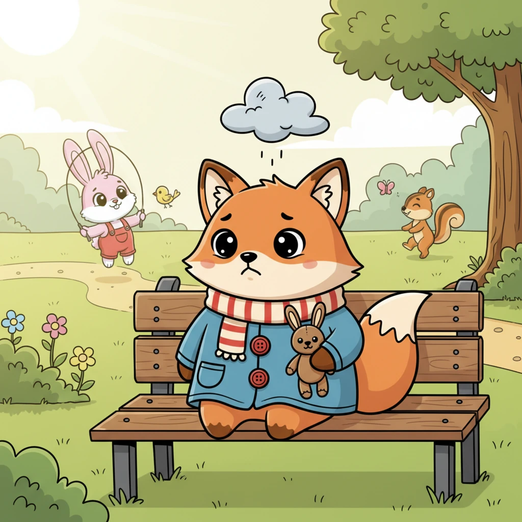 Foxy, a small, bright orange fox, sat all alone on a park bench. His big, expressive eyes looked a little sad as he watched other animals play together. The sun was shining, but Foxy felt a little cloud of loneliness hanging over his head.
