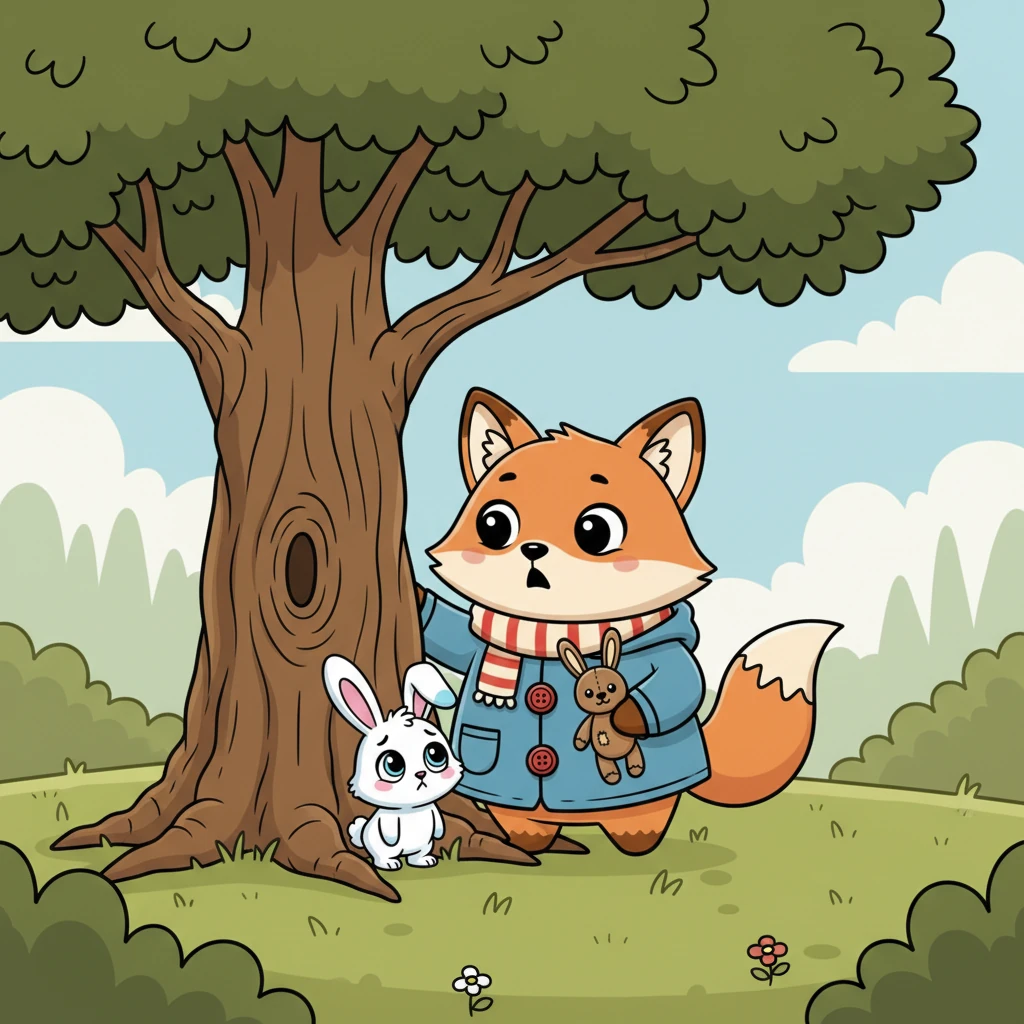 Suddenly, Foxy spotted a tiny, fluffy white bunny hopping nervously near a big oak tree. The bunny, Pip, looked around with wide, worried eyes, clearly lost and a bit scared. She sniffed the air, her nose twitching, looking for a familiar scent.