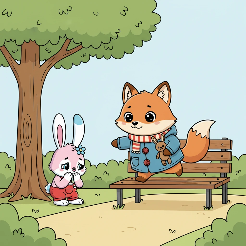 Foxy’s ears perked up, and his tail gave a tiny wag. He slowly hopped off the bench, taking gentle steps towards the lost bunny. He didn't want to startle her, his friendly face showing concern.