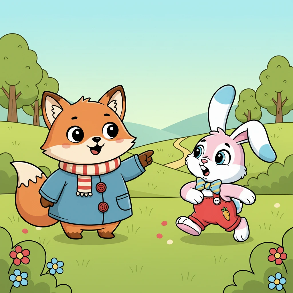 "Are you lost?" Foxy asked softly, his voice kind. Pip, startled, almost hopped away, but Foxy stayed still, offering a comforting smile. He pointed with his paw, "Maybe I can help you find your way."