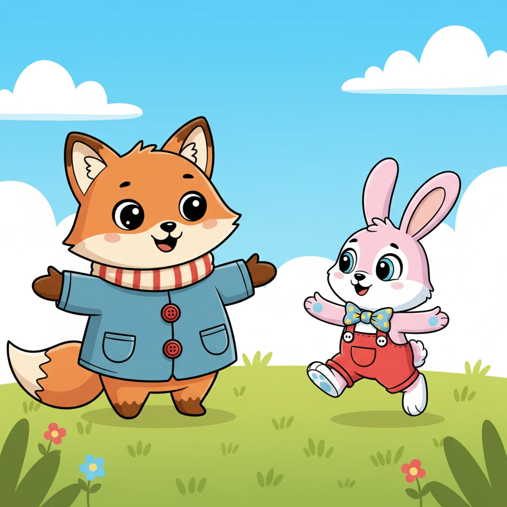 Pip blinked her big, round eyes and took a cautious step closer. She could see Foxy's genuine kindness, and her tiny nose twitched with curiosity instead of fear. A small hop of trust brought her nearer to the friendly fox.