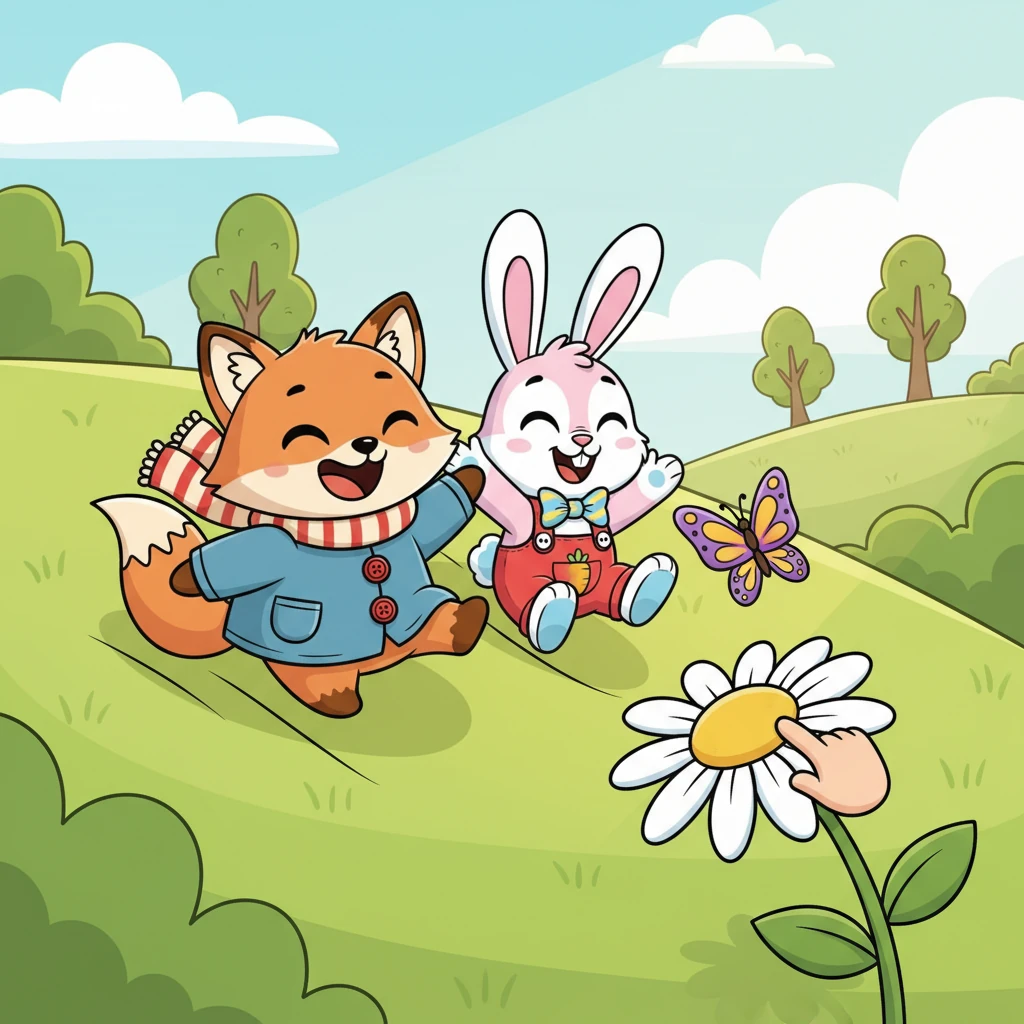 Instead of just finding her way home, Foxy and Pip started exploring the park together. They chased a bright butterfly, giggled as they rolled down a grassy hill, and even tried to count the petals on a daisy. Their laughter echoed through the sunny park.