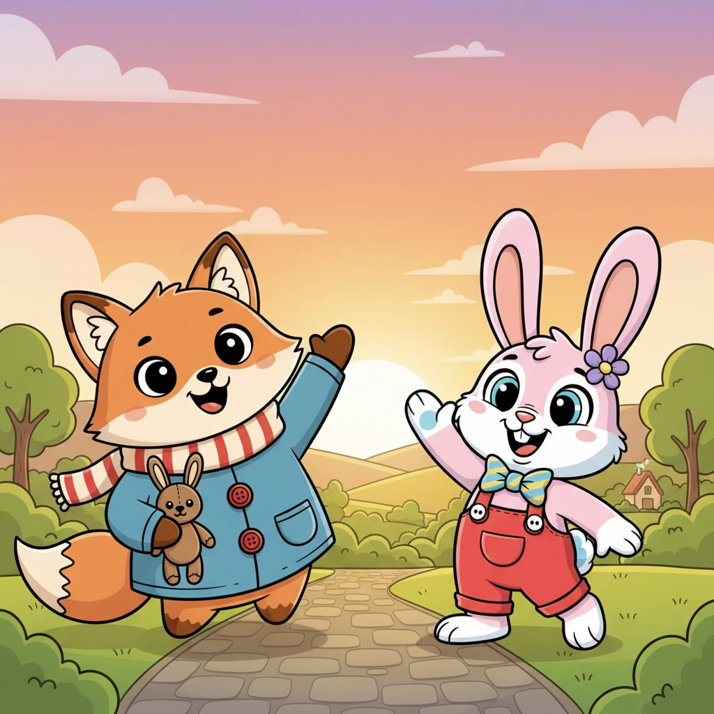 As the sun began to set, painting the sky in hues of orange and pink, Foxy walked Pip back towards the edge of the park where she lived. They promised to meet again tomorrow, their hearts full of the joy of new friendship. They waved goodbye with big smiles.