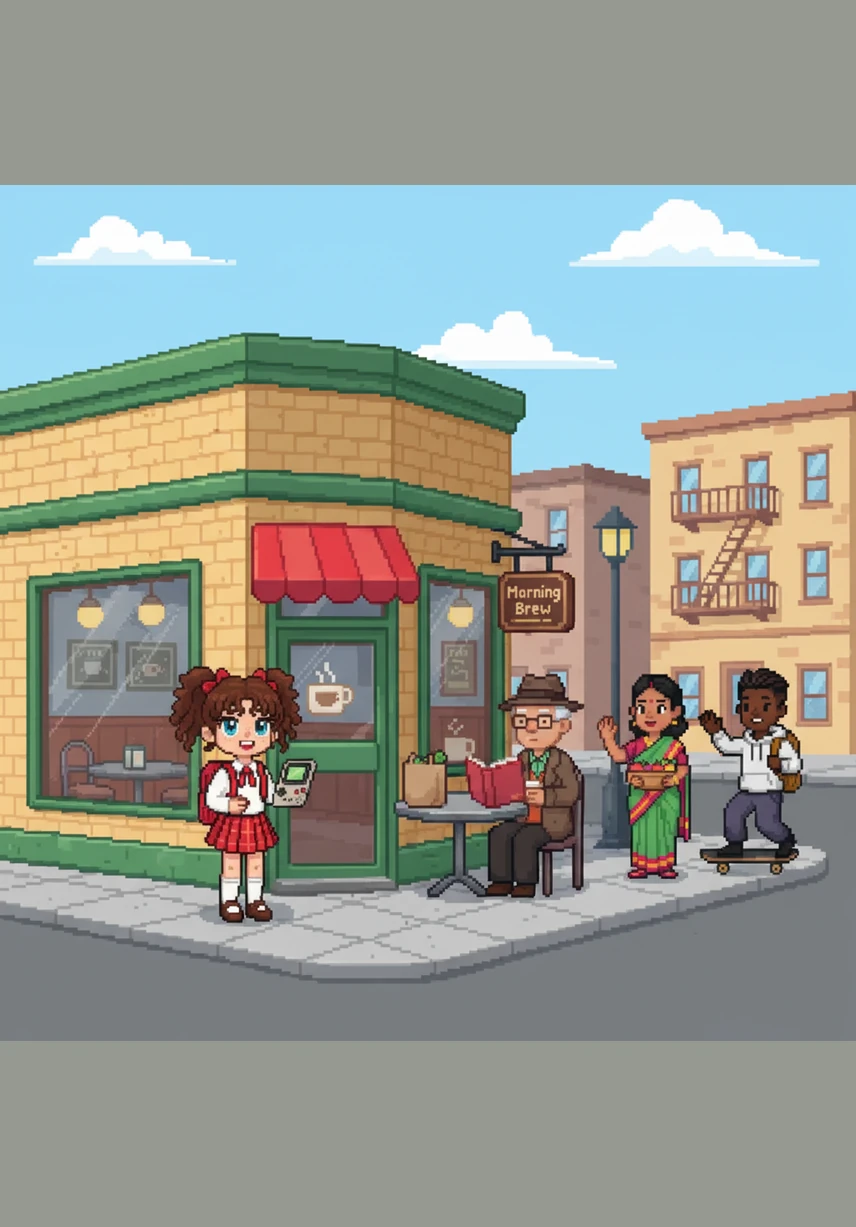 On a bright morning, Mia stops at a small corner shop to buy a refreshing bottled drink for her walk to school. She sips the cold water, feeling energized by the sun as she strolls down the sidewalk.