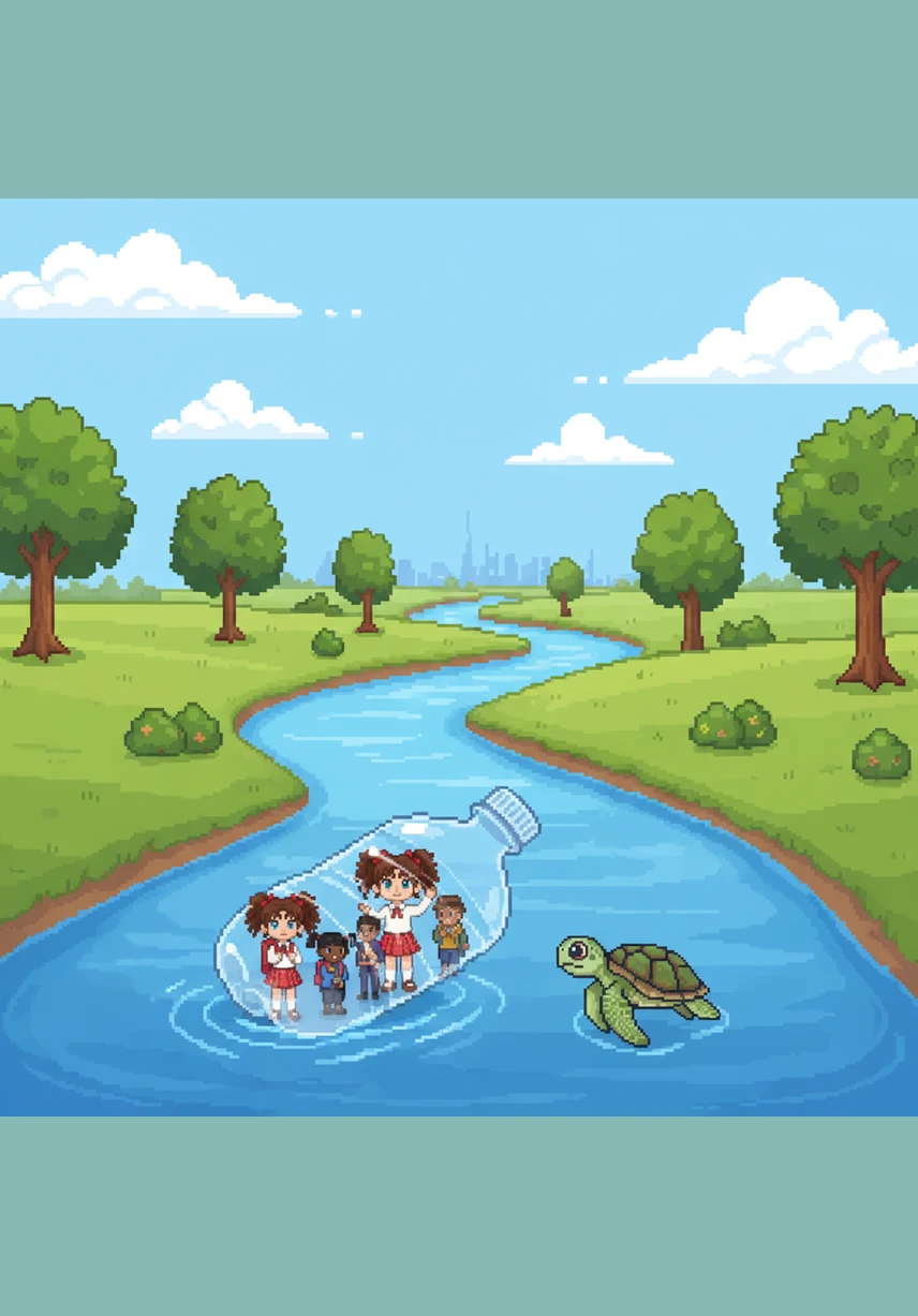 Eventually, the force of the water pushes the bottle out of the pipes and into a wide, winding river. It floats past green trees and quiet meadows, drifting further away from the city every minute.