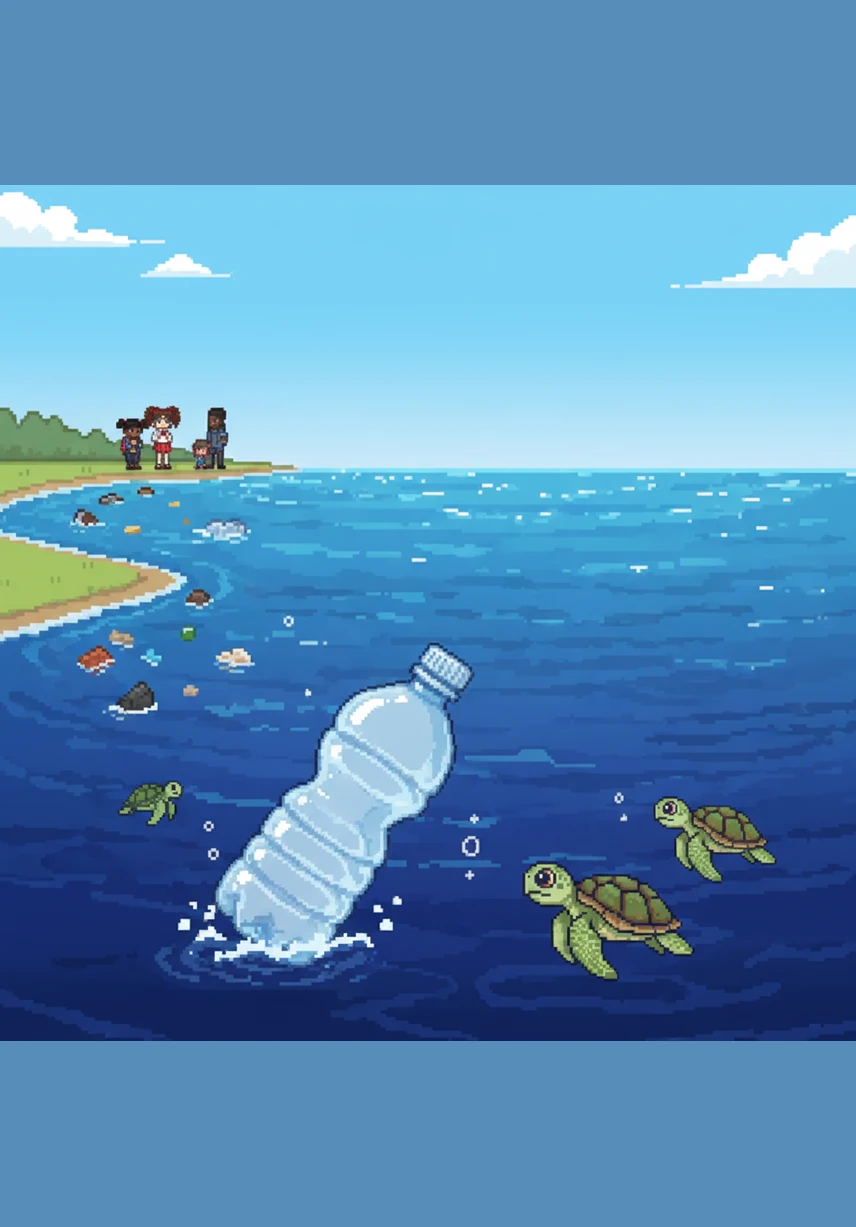 The river finally meets the vast, sparkling blue ocean, and the plastic bottle is swept out into the deep water. It bobbles on the waves, a tiny speck of man-made waste in a massive world of salt and spray.