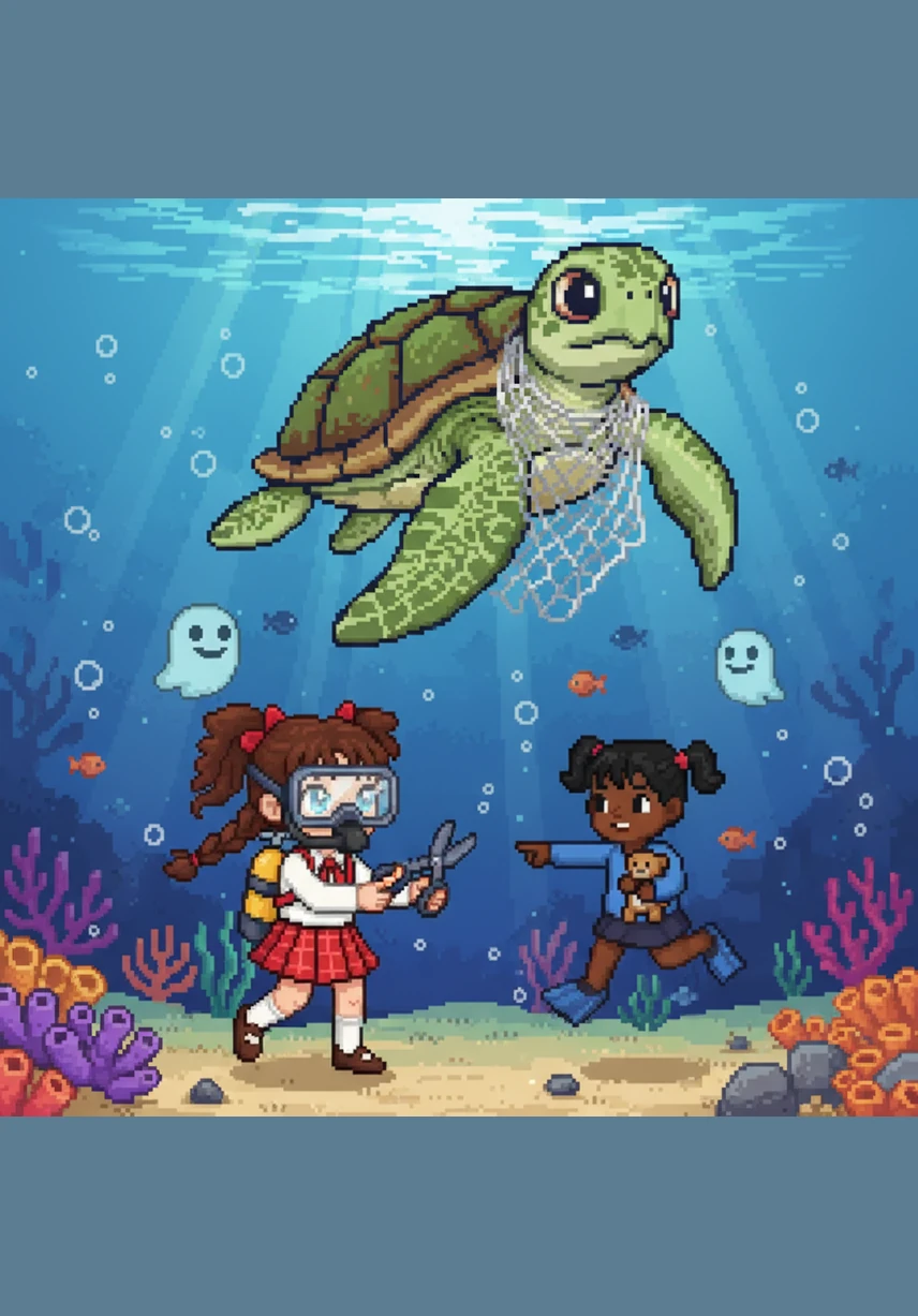 Below the surface, a graceful sea turtle swims toward the floating plastic, thinking it looks exactly like a tasty jellyfish. The turtle doesn't realize that this mistake could be very dangerous for its health and the ocean's balance.