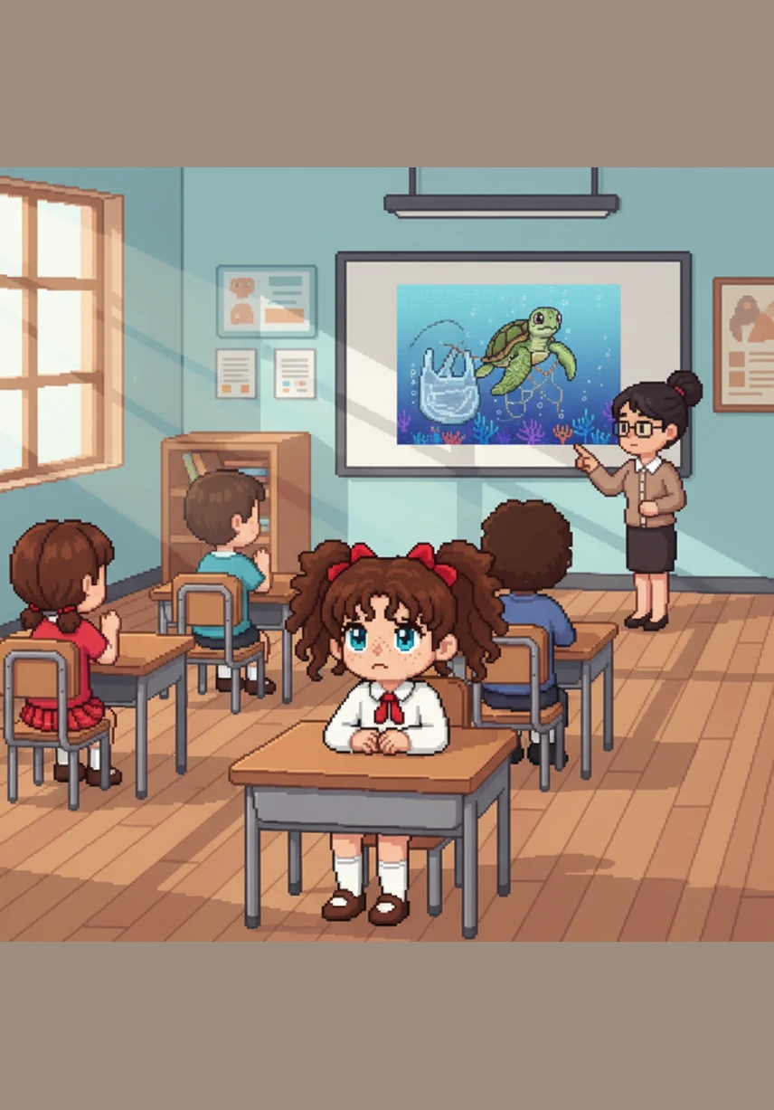 Back at school, Mia sits at her desk as her teacher shows the class pictures of how plastic pollution harms marine animals. Mia realizes with a heavy heart that her small action earlier that week could have caused real harm.