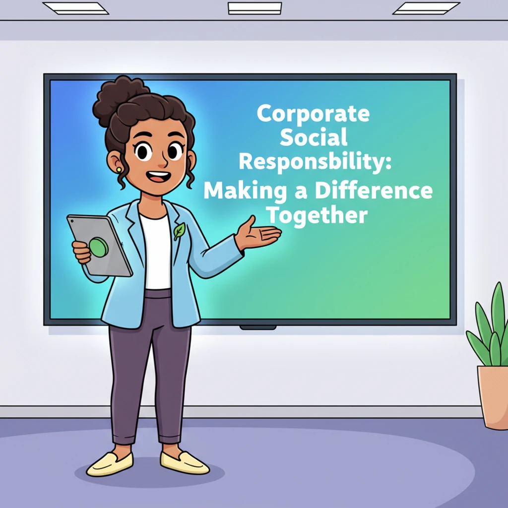 With a confident smile, Priya clicked a button, and the screen behind her lit up with bold, friendly letters: 'Corporate Social Responsibility: Making a Difference Together.' The room was bathed in soft, inviting tones of blue and green from the presentation, setting a thoughtful mood. Priya gestured enthusiastically, beginning her story.