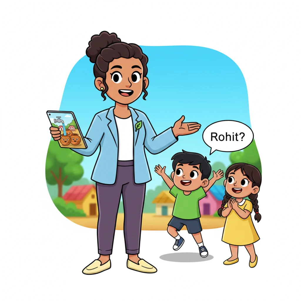 Priya's smile widened. 'That's a fantastic question, Rohit!' she replied, her voice warm. She then shared how EY supports the 'Water for the World' program in India, bringing clean, safe drinking water to countless villages. The screen briefly showed a playful illustration of fresh water flowing.