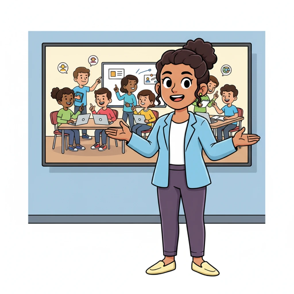 Priya proudly described how EY GDS India runs impactful 'Skills Development' initiatives. These programs train young people with valuable skills for future careers, opening doors to brighter futures. The screen displayed a cheerful image of people learning and collaborating.