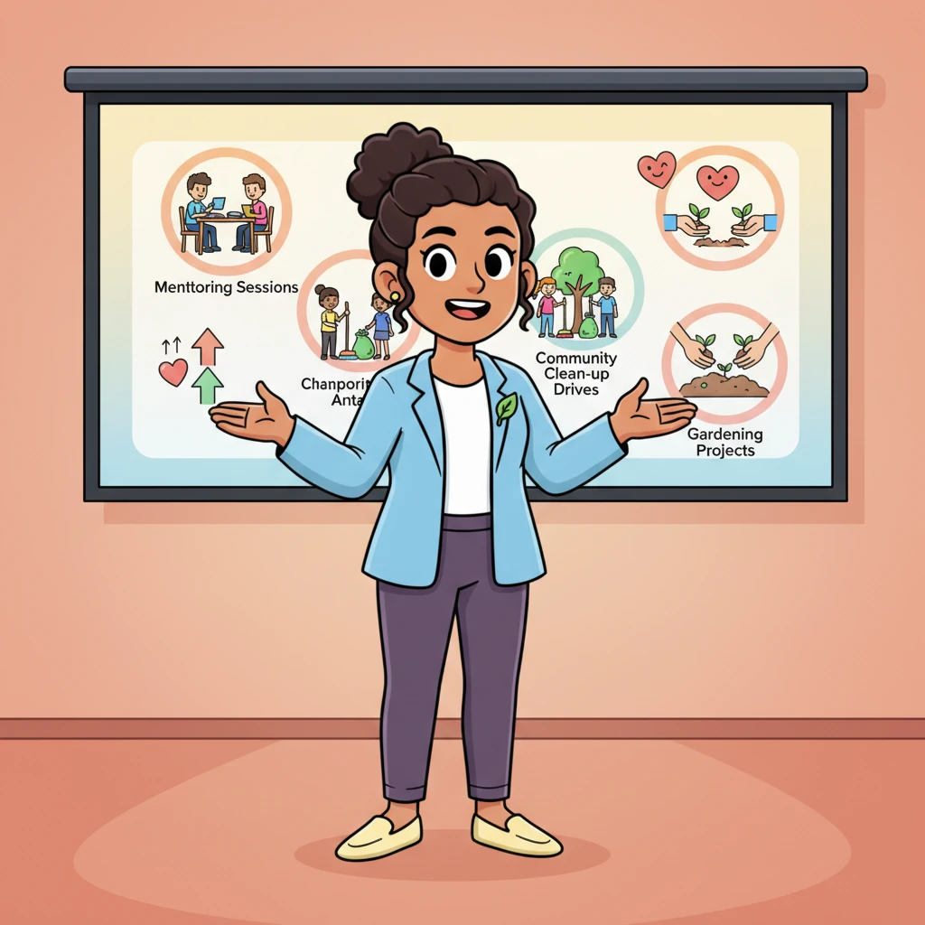 Priya beamed, delighted by their engagement. She advanced to a slide showcasing various volunteer opportunities, from mentoring sessions to community clean-up drives, all depicted with dynamic, colorful icons. 'There are so many ways to lend a hand,' she encouraged, 'every little bit helps!'